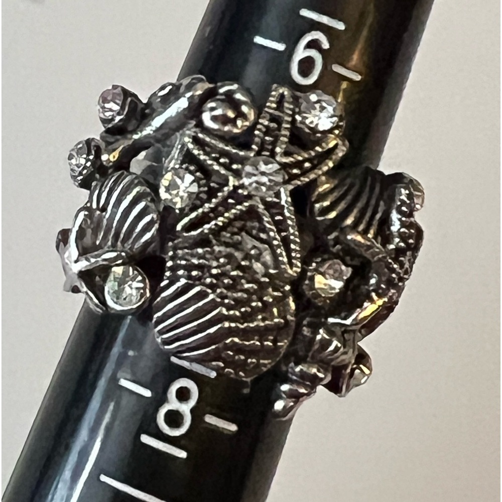 Seashell Beach Motif Silver Tone with rhinestones Ring sz 7 - Picture 5 of 12